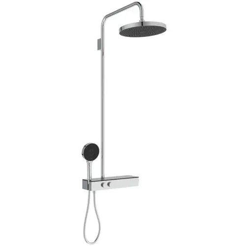 Duschsystem mit Brausethermostat in Chrom von Ideal Standard, ausgestattet mit einer oberen Regenbrause und einem Handbrausekopf an einem flexiblen Schlauch.